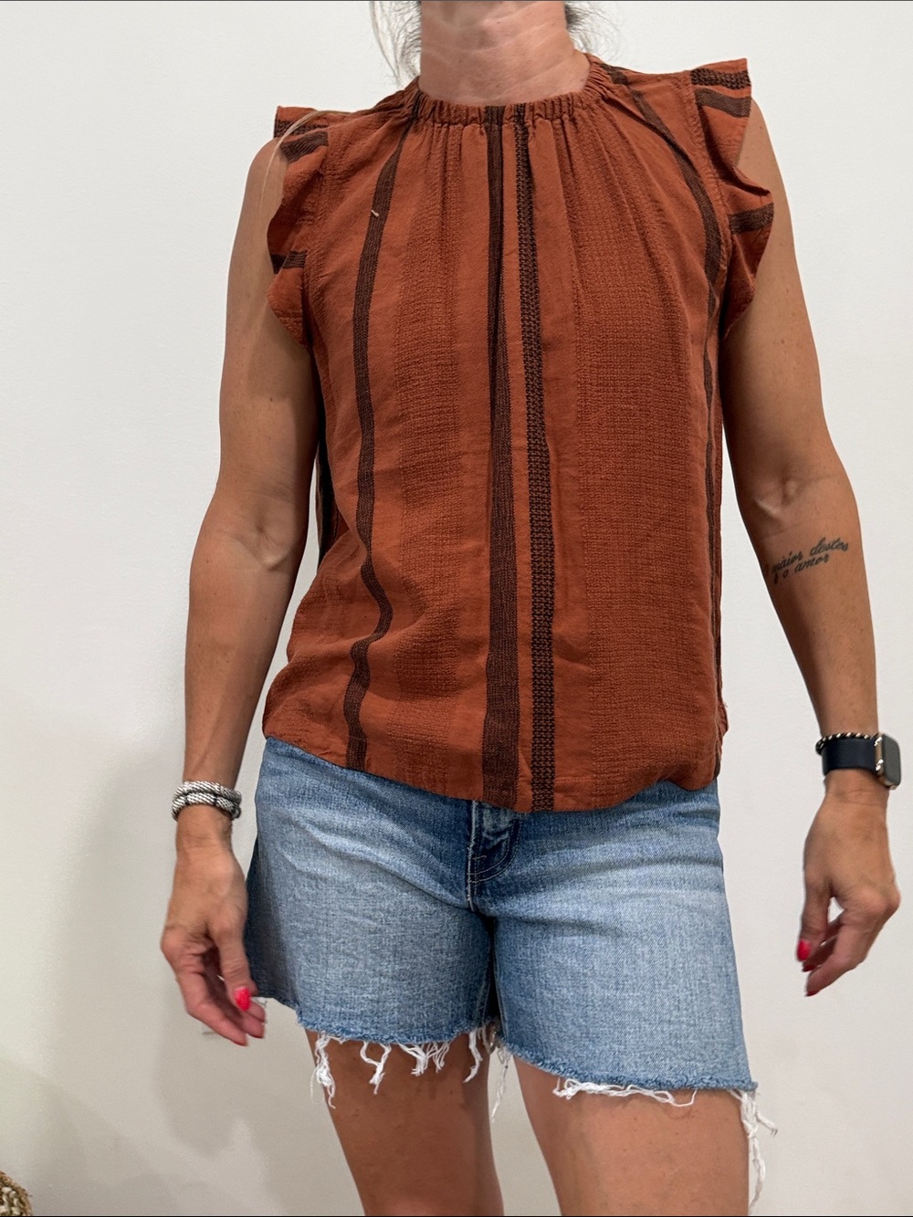 cloth & stone Rust Brown Striped Ruffle-Sleeve Tank